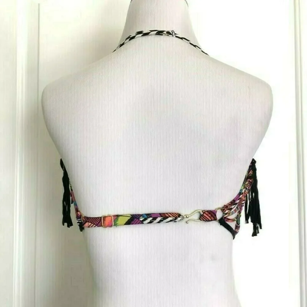 B.SWIM Los Angeles Boutique Bandeau Fringe Halter Bikini Top D Cup Summer L